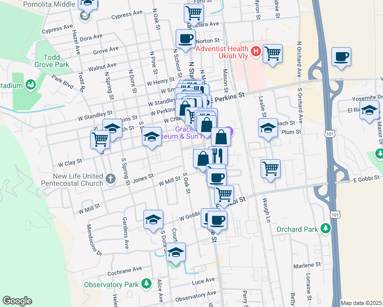 map of restaurants, bars, coffee shops, grocery stores, and more near in Ukiah