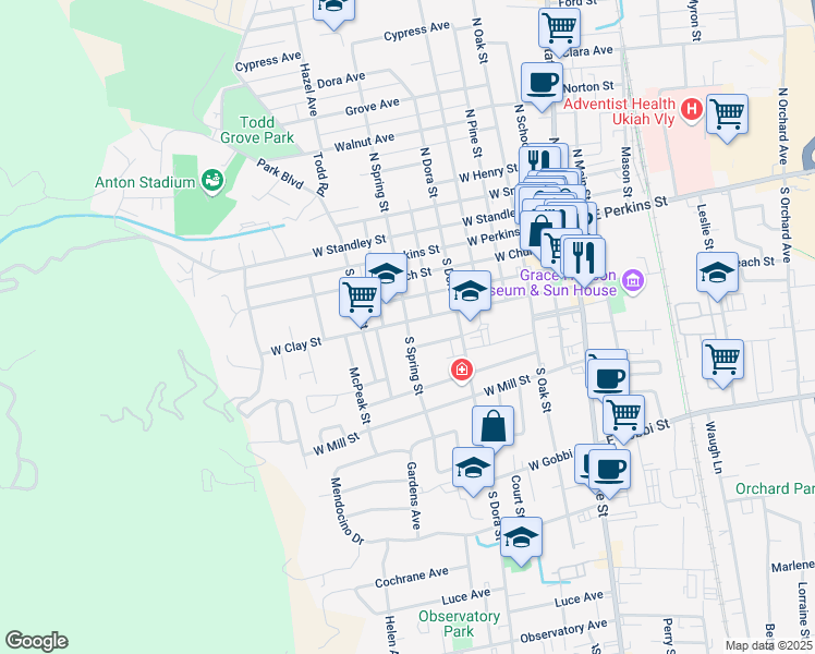 map of restaurants, bars, coffee shops, grocery stores, and more near 820 W Clay St in Ukiah