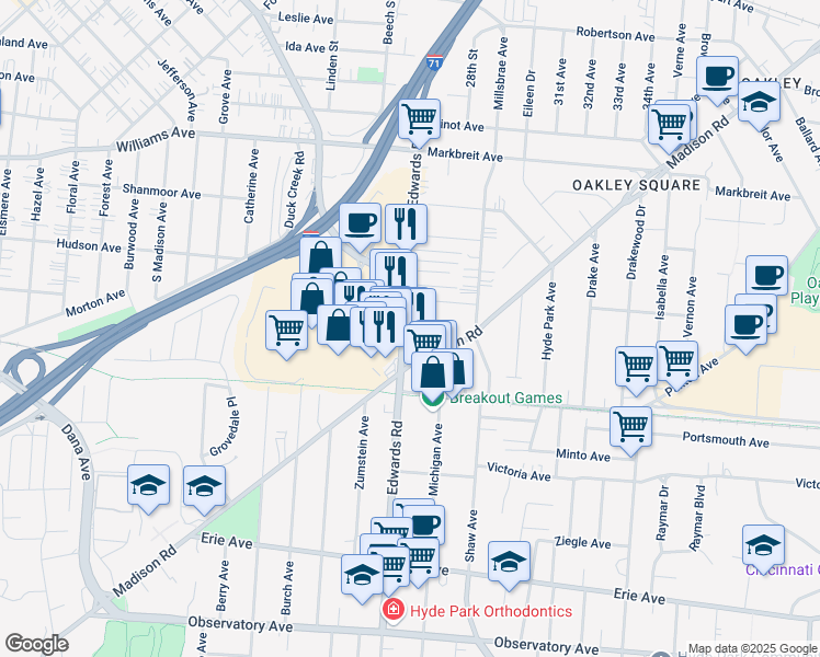 map of restaurants, bars, coffee shops, grocery stores, and more near 3752 Edwards Road in Cincinnati
