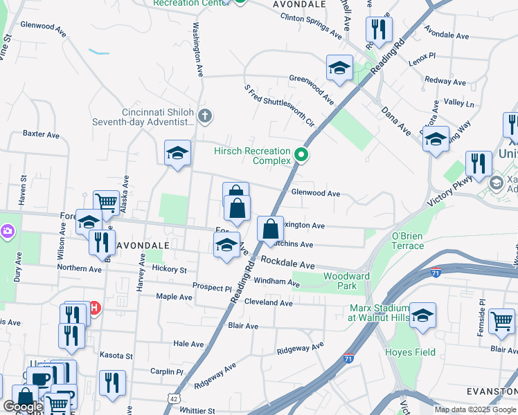 map of restaurants, bars, coffee shops, grocery stores, and more near 3563 Reading Road in Cincinnati