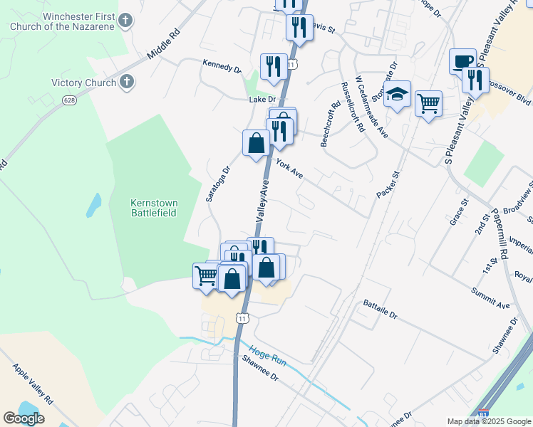 map of restaurants, bars, coffee shops, grocery stores, and more near 2950 Valley Avenue in Winchester