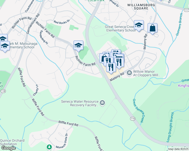 map of restaurants, bars, coffee shops, grocery stores, and more near 13412 Ansel Terrace in Germantown