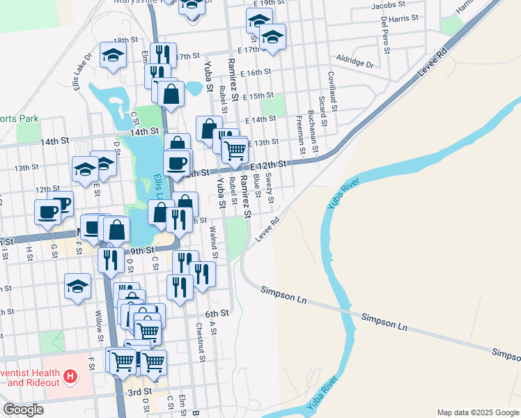 map of restaurants, bars, coffee shops, grocery stores, and more near 1021 Blue Street in Marysville