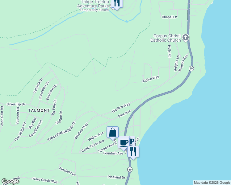 map of restaurants, bars, coffee shops, grocery stores, and more near 259 Tahoe Woods Boulevard in Tahoe City