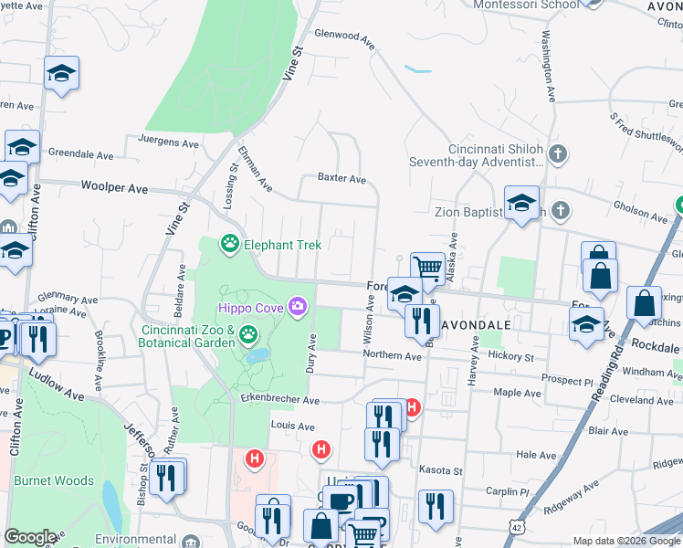 map of restaurants, bars, coffee shops, grocery stores, and more near 3539 Eden Avenue in Cincinnati