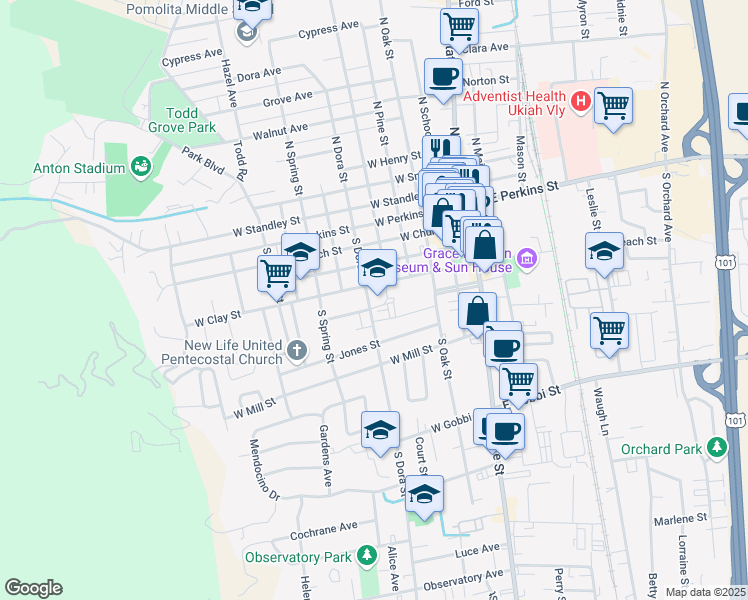 map of restaurants, bars, coffee shops, grocery stores, and more near 429 South Dora Street in Ukiah
