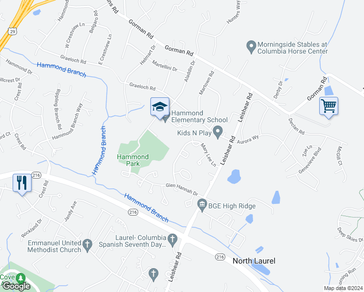 map of restaurants, bars, coffee shops, grocery stores, and more near 8280 Mary Lee Lane in Laurel