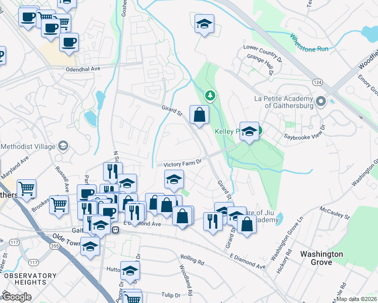 map of restaurants, bars, coffee shops, grocery stores, and more near 406 Girard Street in Gaithersburg