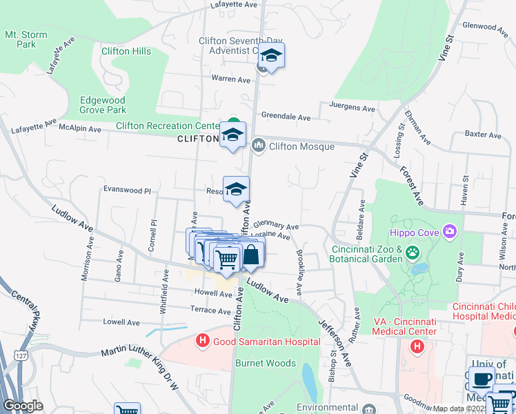map of restaurants, bars, coffee shops, grocery stores, and more near 3540 Clifton Avenue in Cincinnati