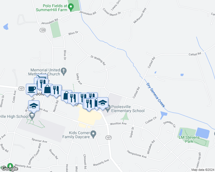 map of restaurants, bars, coffee shops, grocery stores, and more near 17707 Doctor Walling Road in Poolesville