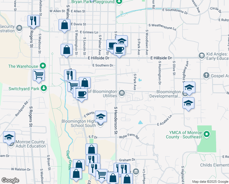 map of restaurants, bars, coffee shops, grocery stores, and more near 599 E Miller Dr in Bloomington