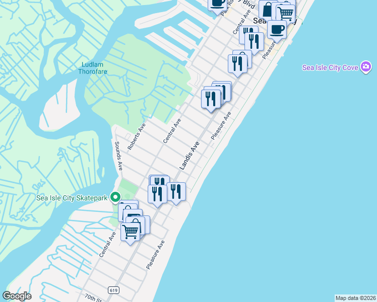 map of restaurants, bars, coffee shops, grocery stores, and more near 5400 Landis Avenue in Sea Isle City