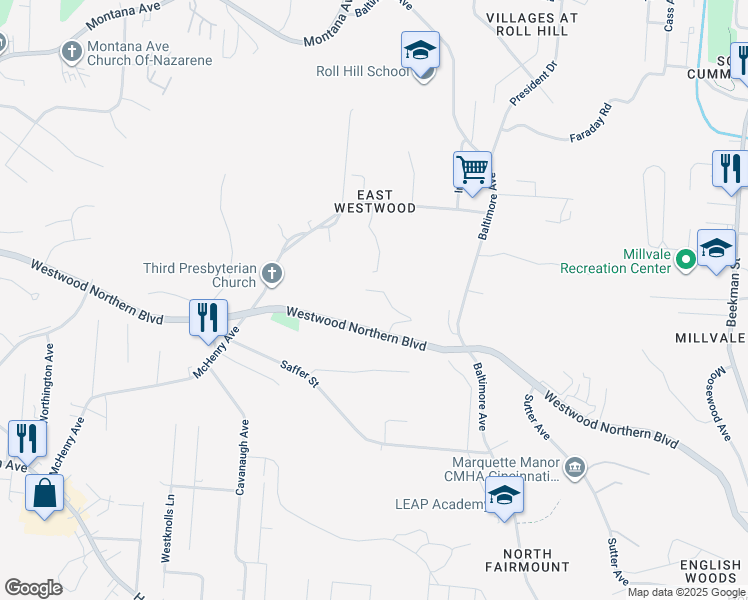 map of restaurants, bars, coffee shops, grocery stores, and more near 2382 Westwood Avenue in Cincinnati