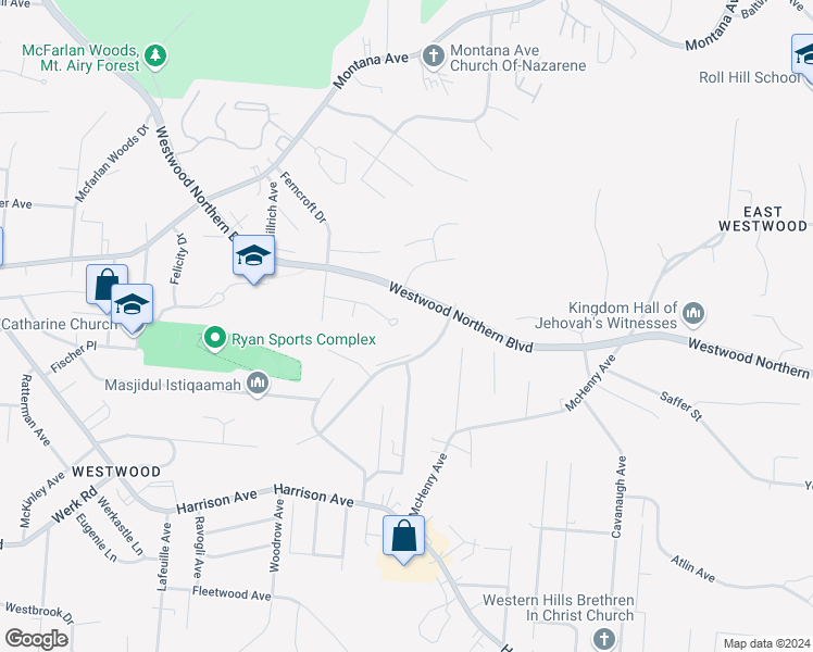 map of restaurants, bars, coffee shops, grocery stores, and more near 2500 Meyerhill Drive in Cincinnati