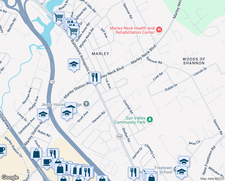 map of restaurants, bars, coffee shops, grocery stores, and more near 13 Bertram Drive in Glen Burnie