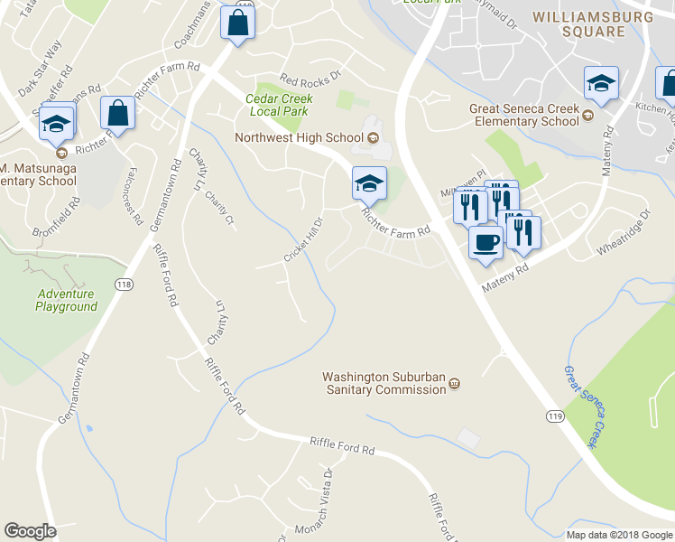 map of restaurants, bars, coffee shops, grocery stores, and more near 13534 Ansel Terrace in Germantown