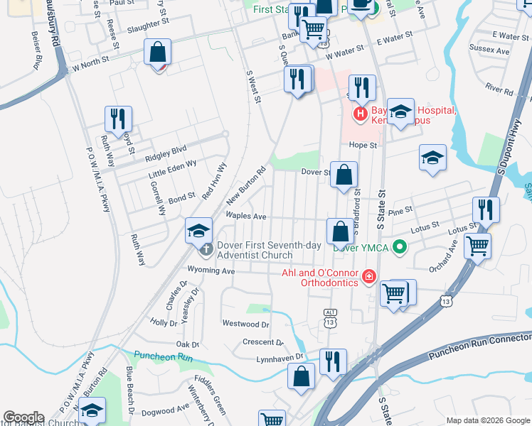 map of restaurants, bars, coffee shops, grocery stores, and more near 864 Westview Terrace in Dover