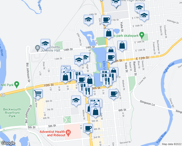 map of restaurants, bars, coffee shops, grocery stores, and more near 402 11th Street in Marysville