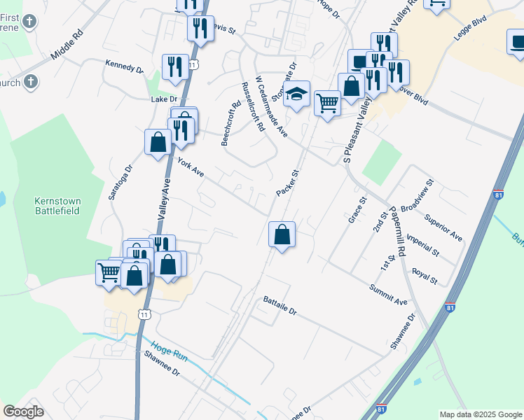 map of restaurants, bars, coffee shops, grocery stores, and more near 579 York Avenue in Winchester