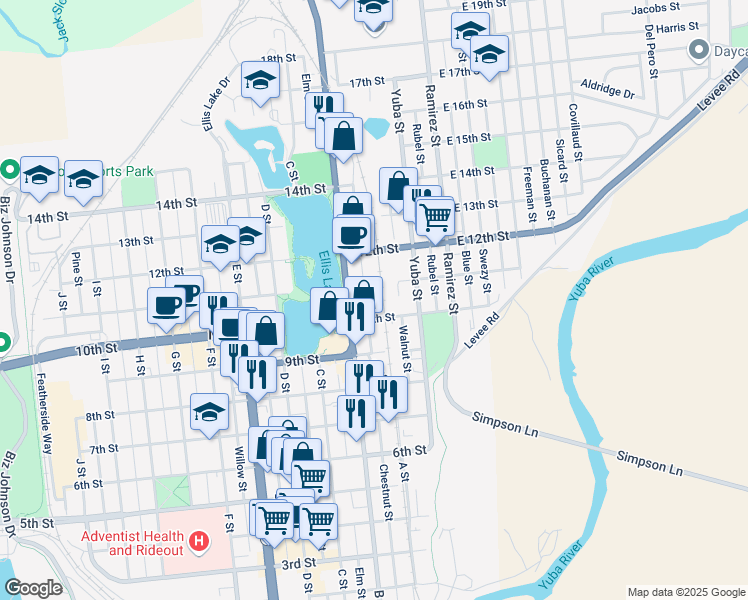 map of restaurants, bars, coffee shops, grocery stores, and more near 107 E 10th St in Marysville