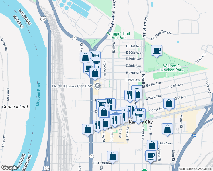map of restaurants, bars, coffee shops, grocery stores, and more near 2501 City View Drive in North Kansas City