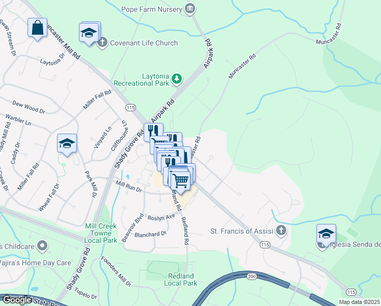 map of restaurants, bars, coffee shops, grocery stores, and more near 17730 Muncaster Road in Rockville