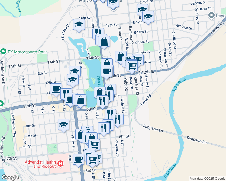 map of restaurants, bars, coffee shops, grocery stores, and more near 107 East 10th Street in Marysville