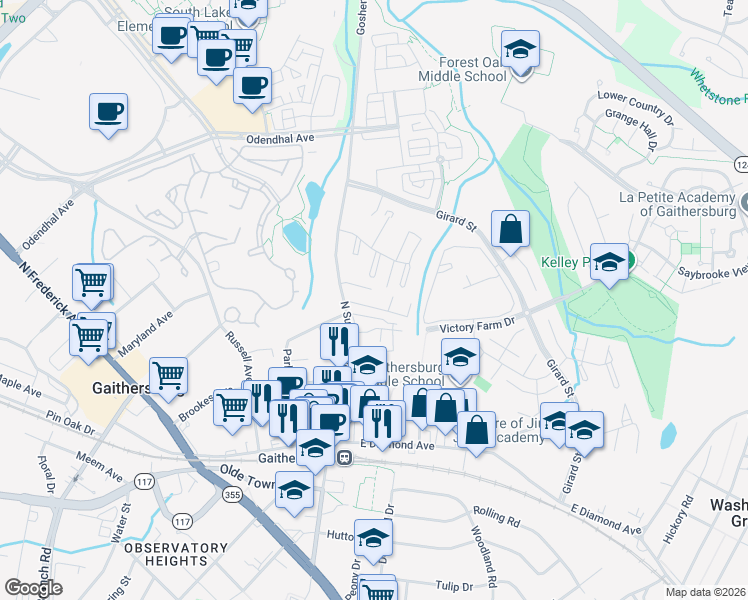 map of restaurants, bars, coffee shops, grocery stores, and more near 18 Crestwood Drive in Gaithersburg