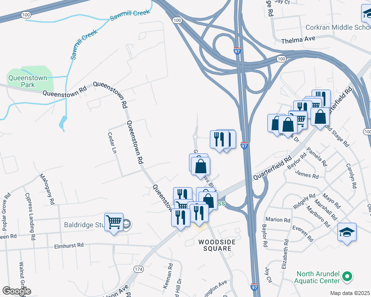 map of restaurants, bars, coffee shops, grocery stores, and more near 418 George Clauss Boulevard in Severn