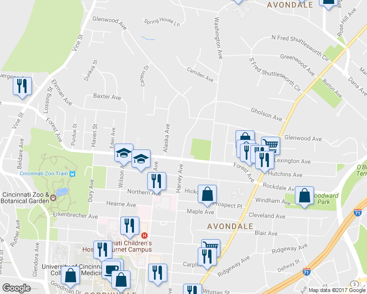 map of restaurants, bars, coffee shops, grocery stores, and more near 3549 Harvey Avenue in Cincinnati