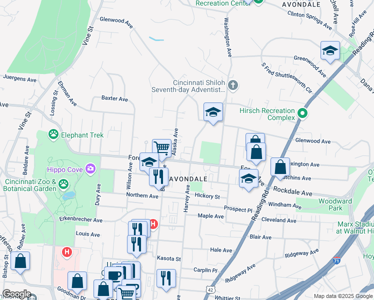 map of restaurants, bars, coffee shops, grocery stores, and more near 3549 Harvey Avenue in Cincinnati