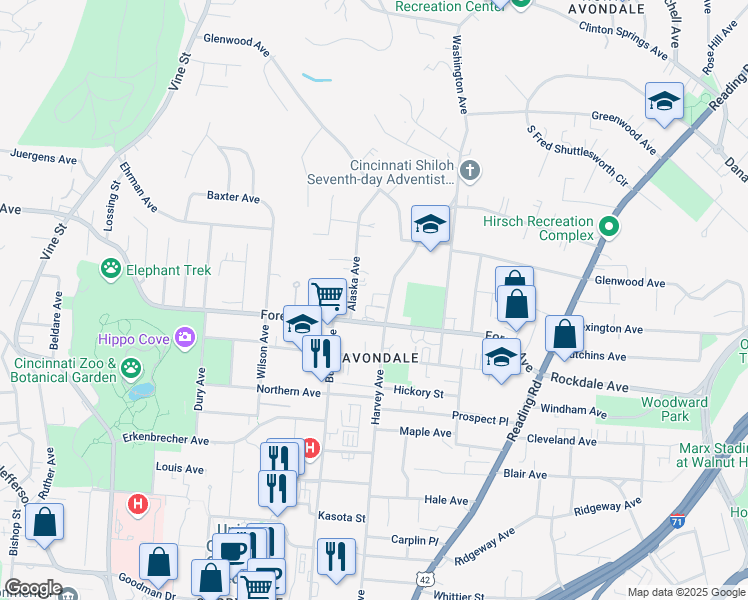 map of restaurants, bars, coffee shops, grocery stores, and more near 3549 Harvey Avenue in Cincinnati