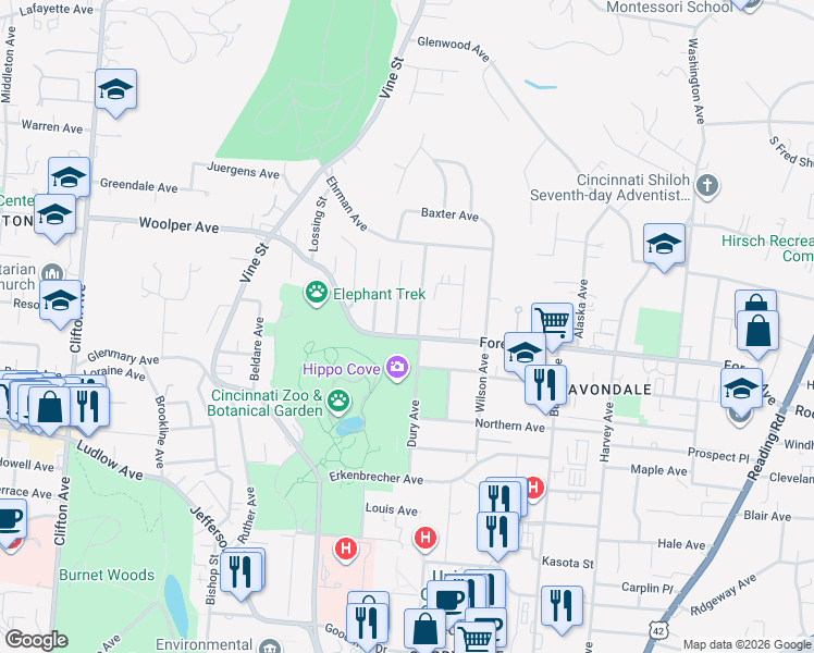 map of restaurants, bars, coffee shops, grocery stores, and more near 3541 Haven Street in Cincinnati
