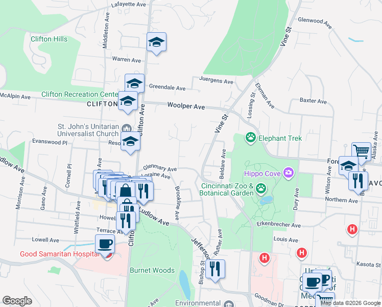 map of restaurants, bars, coffee shops, grocery stores, and more near 142 Crestmont Lane in Cincinnati