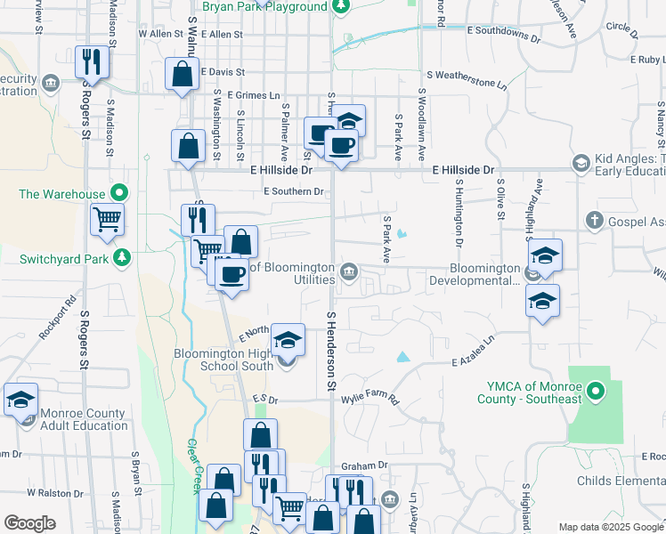 map of restaurants, bars, coffee shops, grocery stores, and more near 101-599 E Miller Dr in Bloomington