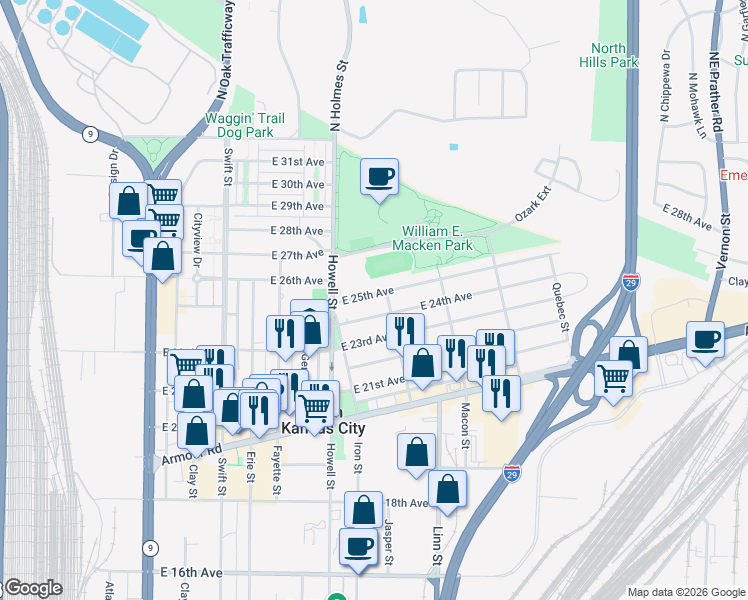 map of restaurants, bars, coffee shops, grocery stores, and more near 843 East 25th Avenue in North Kansas City