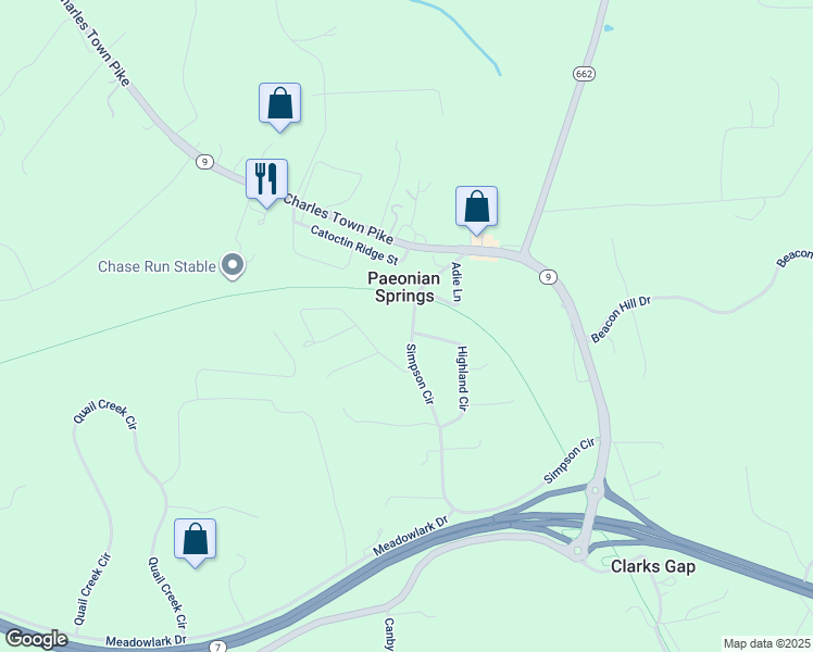 map of restaurants, bars, coffee shops, grocery stores, and more near 16983 Simpson Circle in Paeonian Springs