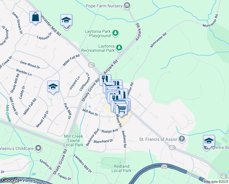 map of restaurants, bars, coffee shops, grocery stores, and more near 17748 Phelps Hill Lane in Derwood