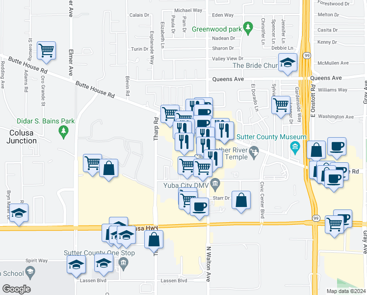 map of restaurants, bars, coffee shops, grocery stores, and more near 1258 Stabler Lane in Yuba City