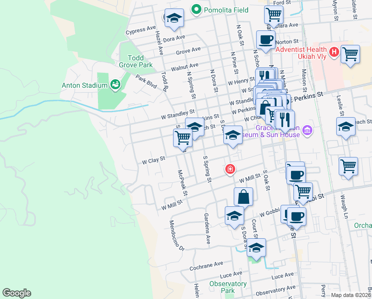 map of restaurants, bars, coffee shops, grocery stores, and more near 912 West Clay Street in Ukiah