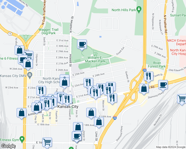 map of restaurants, bars, coffee shops, grocery stores, and more near 1022 East 24th Avenue in North Kansas City