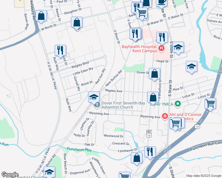 map of restaurants, bars, coffee shops, grocery stores, and more near 70 Sherwood Court in Dover