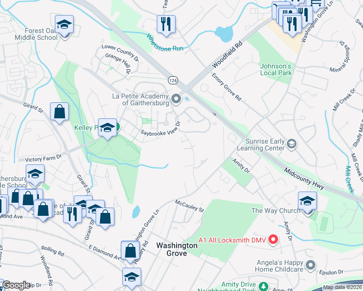map of restaurants, bars, coffee shops, grocery stores, and more near 17730 Towne Crest Drive in Gaithersburg