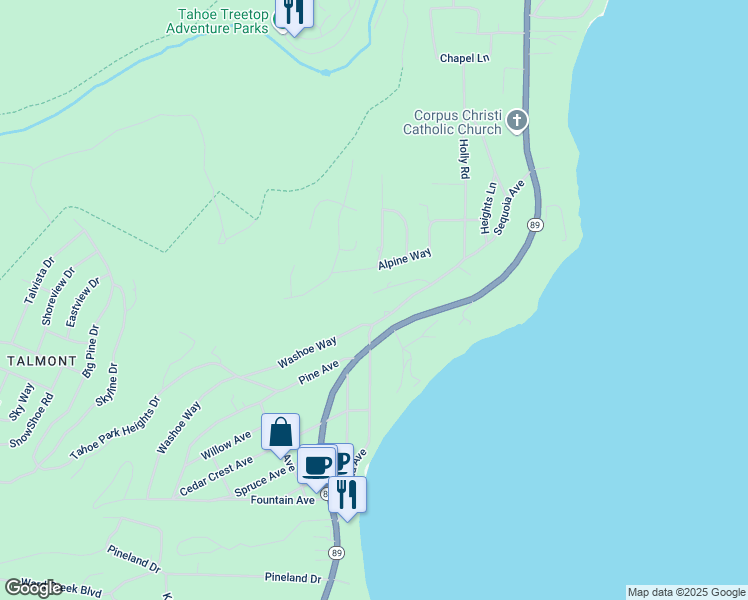 map of restaurants, bars, coffee shops, grocery stores, and more near 1395 Woodland Way in Tahoe City