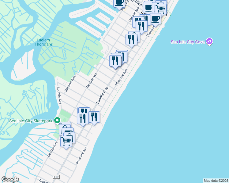 map of restaurants, bars, coffee shops, grocery stores, and more near 5301 Pleasure Avenue in Sea Isle City