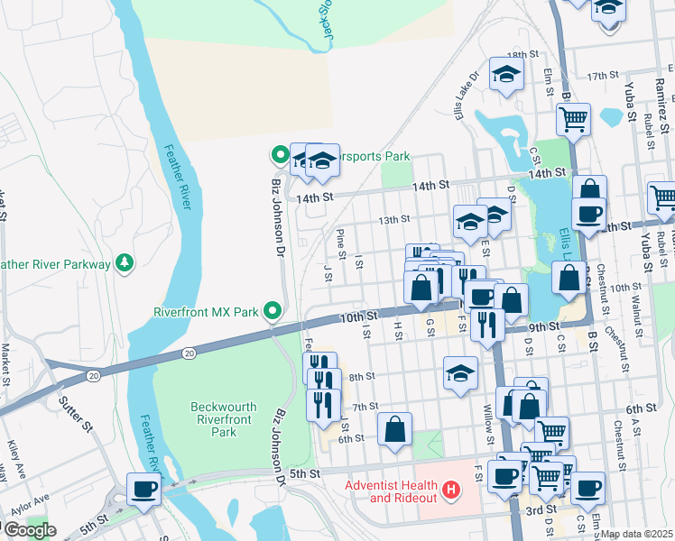 map of restaurants, bars, coffee shops, grocery stores, and more near 1121 J Street in Marysville