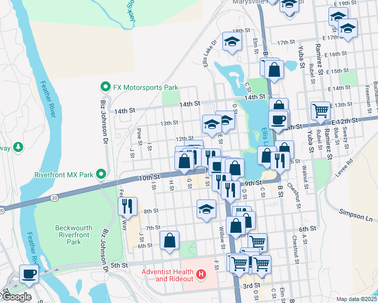 map of restaurants, bars, coffee shops, grocery stores, and more near 629 11th Street in Marysville
