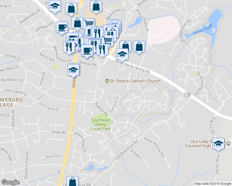 map of restaurants, bars, coffee shops, grocery stores, and more near 3005 Peebles Court in Olney