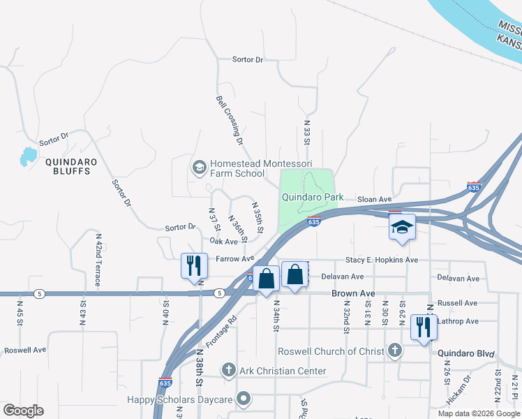 map of restaurants, bars, coffee shops, grocery stores, and more near 3315 North 35th Street in Kansas City