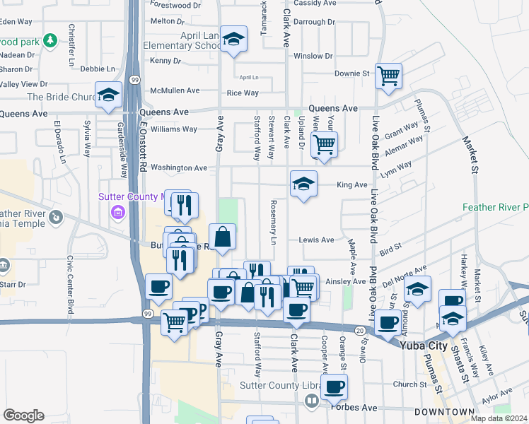 map of restaurants, bars, coffee shops, grocery stores, and more near 1257 Stafford Way in Yuba City